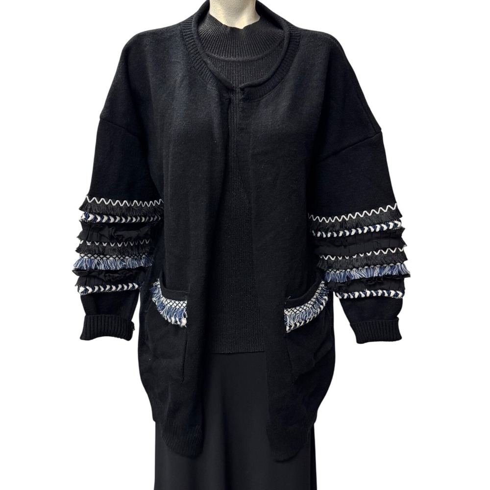 COCO+CARME Black Knit‎ Cardigan Sweater Jacket L XL Fringe Trim Pockets